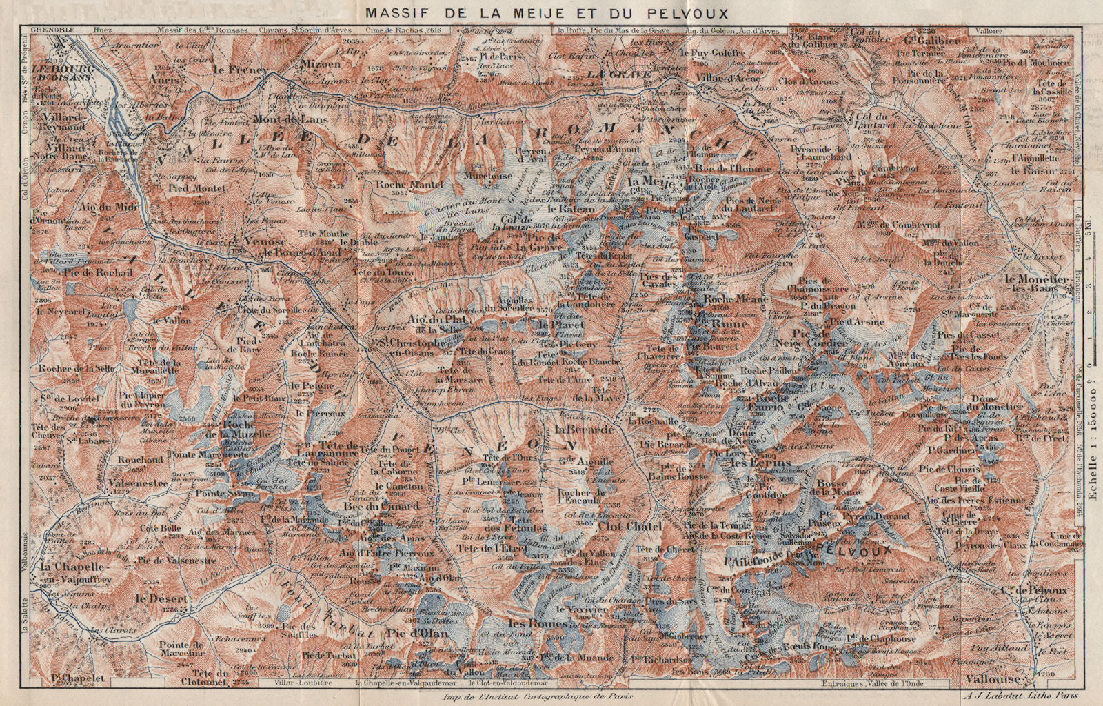 MASSIF DE LA MEIJE ET DU PELVOUX. Vintage map plan. Hautes-Alpes 1923 old